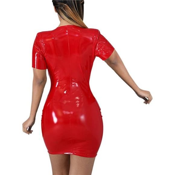 Women's Sexy Deep V Neck Faux Leather Club Dress Long Sleeve Wet Look Bodycon - Picture 2 of 4